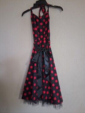 Hearts And Roses, made in the UK. Ladies Black Dress with Red Polka Dots and Bow
